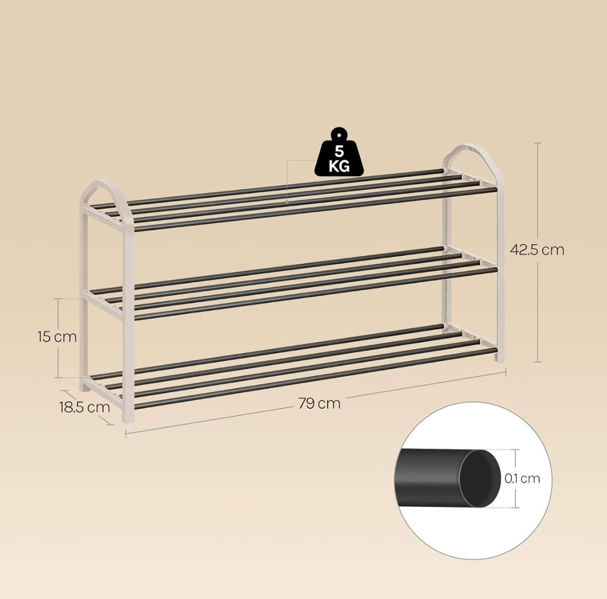 Woltu Schuhregal, 3 Ebenen – Creme/Grau – Für ca. 12 Paar Schuhe – 79 x 18,5 x 42,5 cm