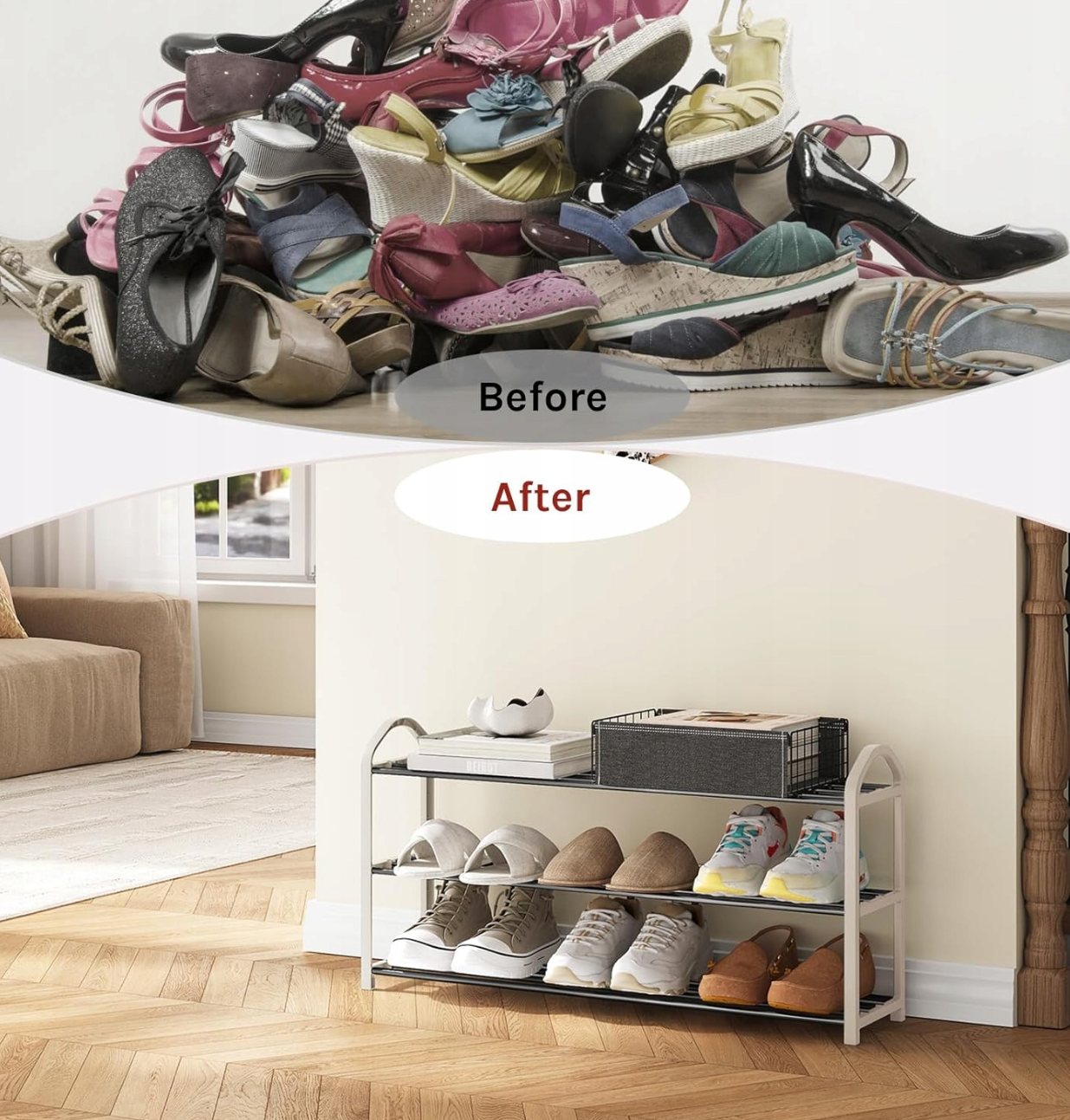 Woltu Schuhregal, 3 Ebenen – Creme/Grau – Für ca. 12 Paar Schuhe – 79 x 18,5 x 42,5 cm