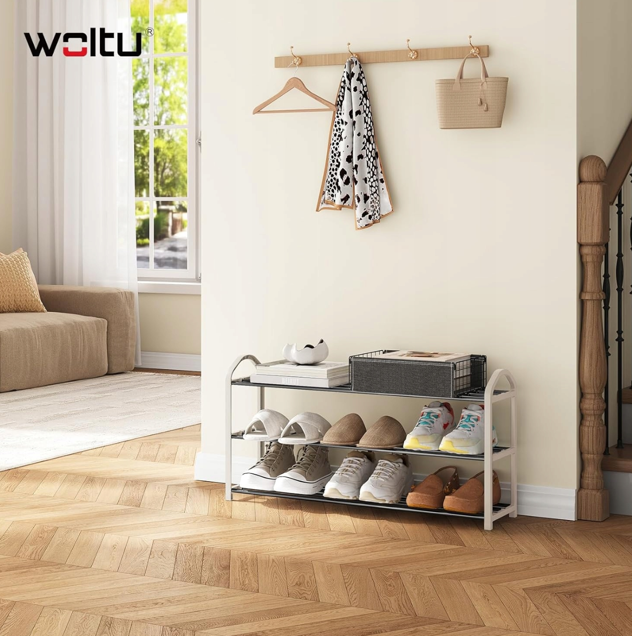 Woltu Schuhregal, 3 Ebenen – Creme/Grau – Für ca. 12 Paar Schuhe – 79 x 18,5 x 42,5 cm