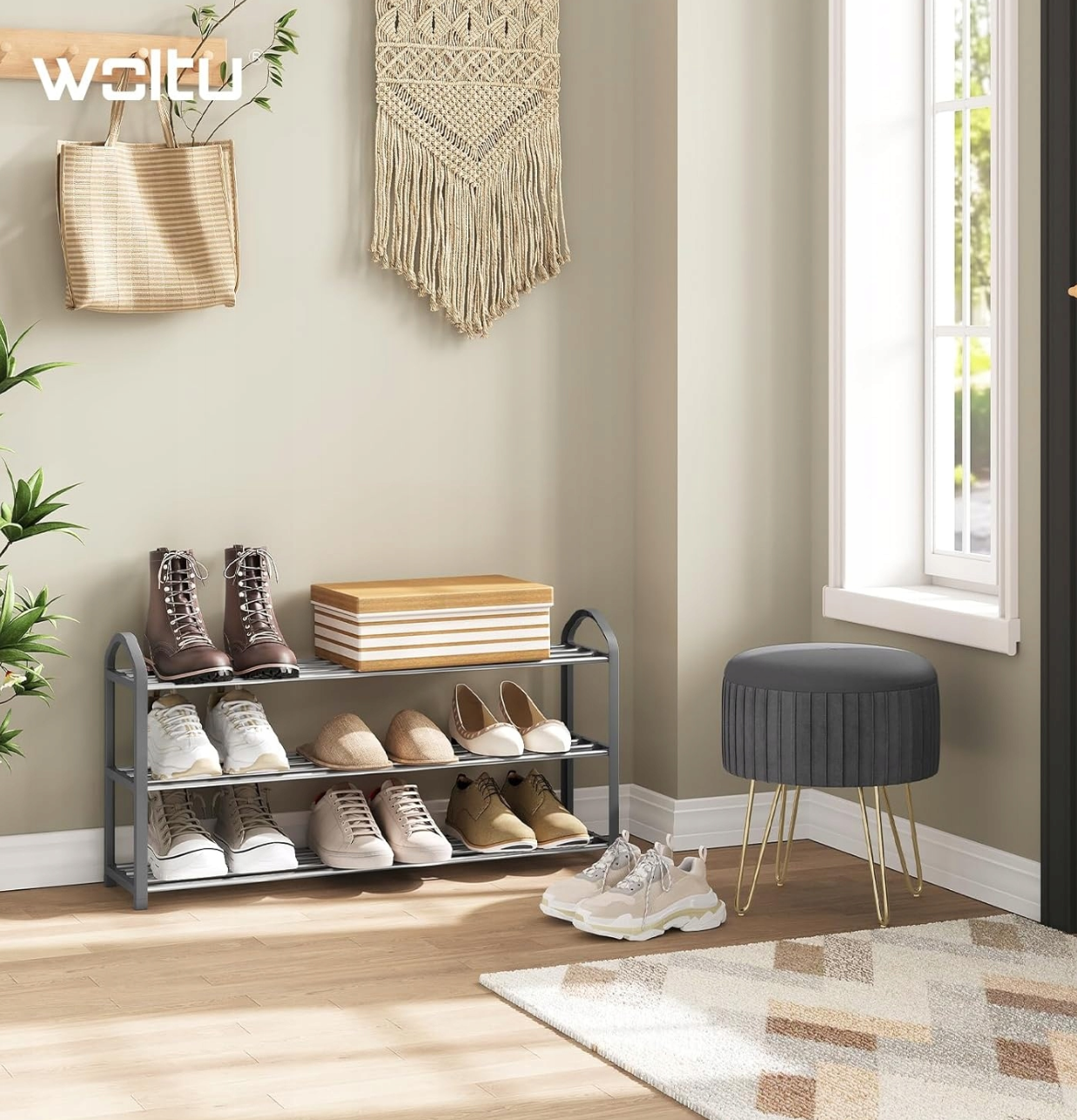Woltu Schuhregal, 3 Ebenen – Grau – Für ca. 12 Paar Schuhe – 79 x 18,5 x 42,5 cm