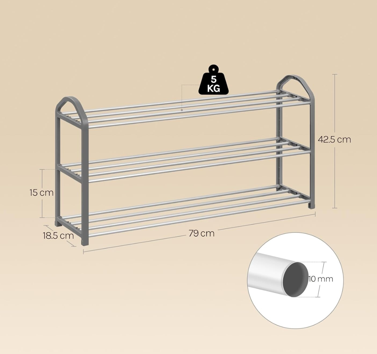 Woltu Schuhregal, 3 Ebenen – Grau – Für ca. 12 Paar Schuhe – 79 x 18,5 x 42,5 cm
