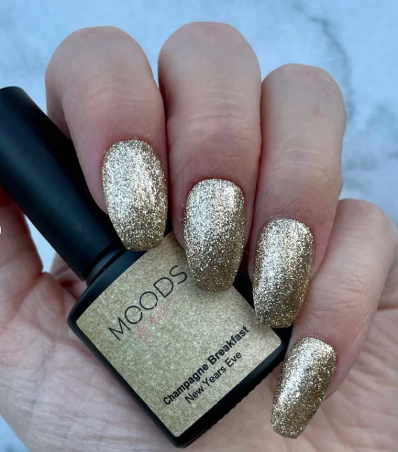Moods Gellac - Gelnagellack - 501 Champagner Frühstück - 15ML - Glitter Gold