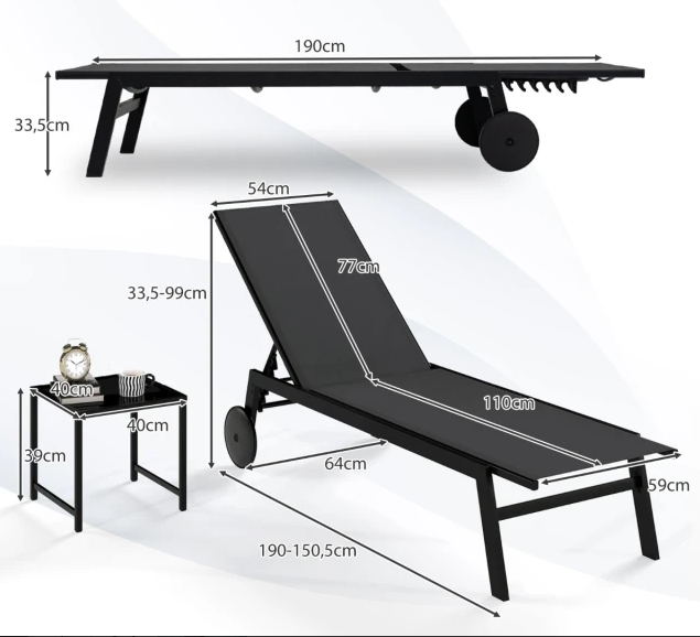 Coast Lounger Garden Set - Verstellbare Rückenlehne - Inklusive Beistelltisch - Wetterfest - Zusammenklappbar - Grau
