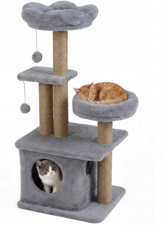 Coast Kratzbaum Grau - 96 cm hoch - Mit Haus, Liege und 2 Spielbällen