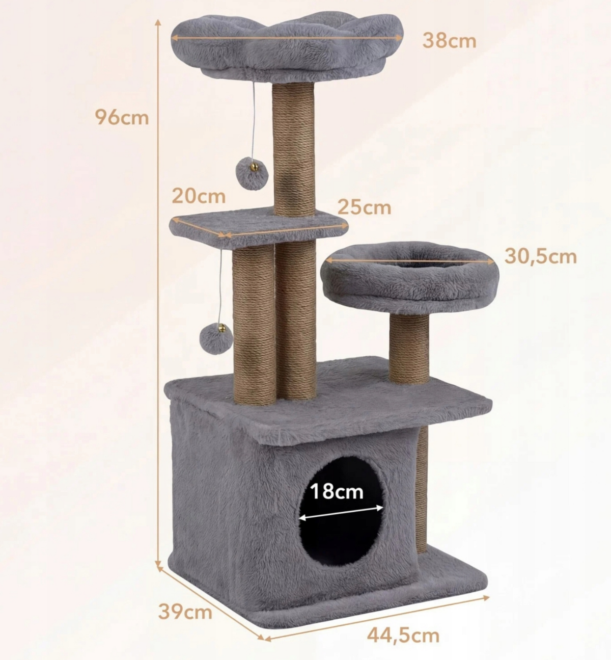 Coast Kratzbaum Grau - 96 cm hoch - Mit Haus, Liege und 2 Spielbällen