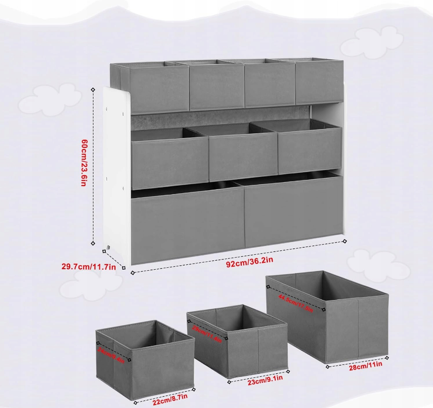 Lestarain LETSJF0013 - Kinderzimmerregal - 9 herausnehmbare Aufbewahrungsboxen - weiß und grau - 92 x 60/68 x 30 cm