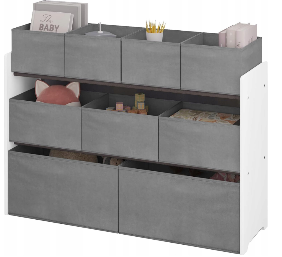 Lestarain LETSJF0013 - Kinderzimmerregal - 9 herausnehmbare Aufbewahrungsboxen - weiß und grau - 92 x 60/68 x 30 cm
