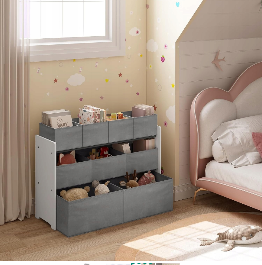 Lestarain LETSJF0013 - Kinderzimmerregal - 9 herausnehmbare Aufbewahrungsboxen - weiß und grau - 92 x 60/68 x 30 cm