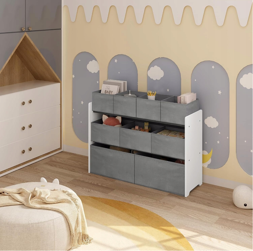 Lestarain LETSJF0013 - Kinderzimmerregal - 9 herausnehmbare Aufbewahrungsboxen - weiß und grau - 92 x 60/68 x 30 cm
