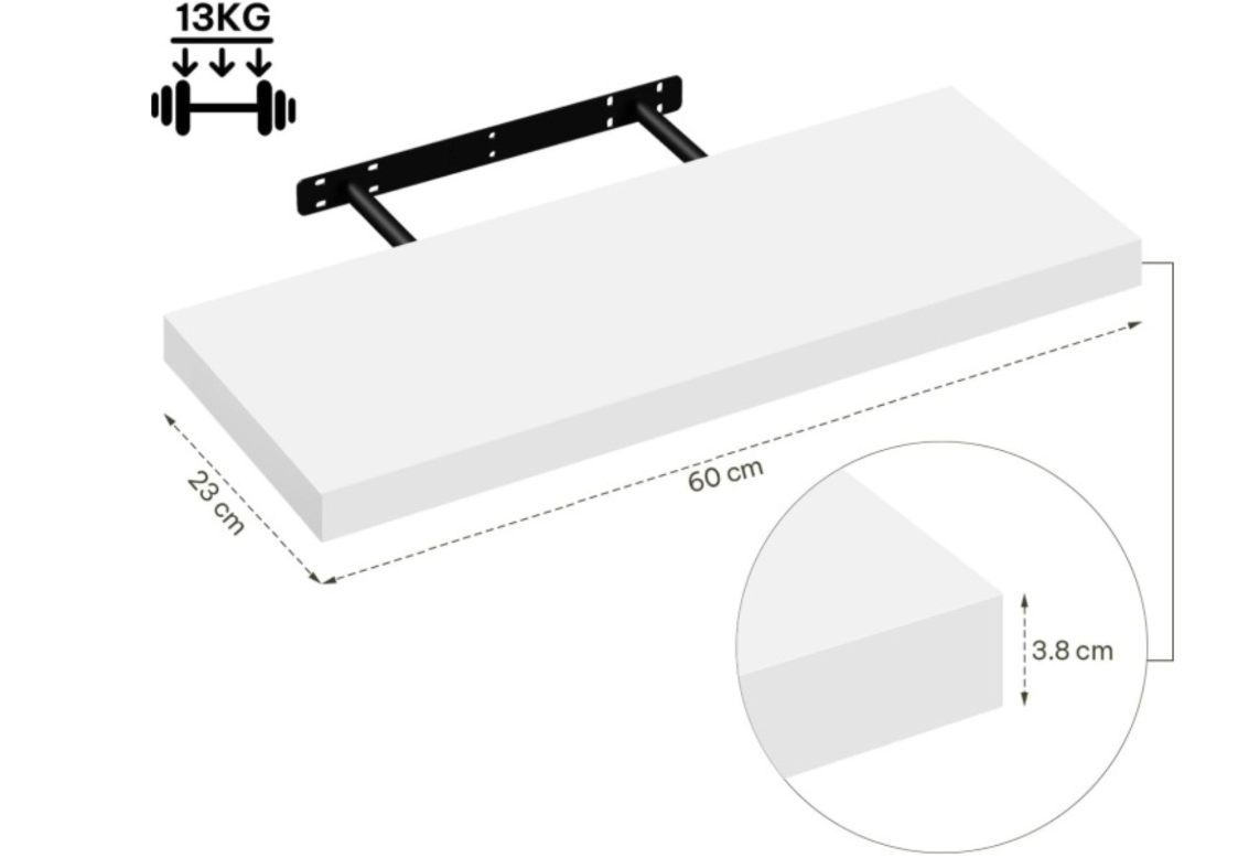 eSituro SWS0196 Wandregal - schwebendes Wandregal - weißes MDF - 60 x 23 x 3,8 cm