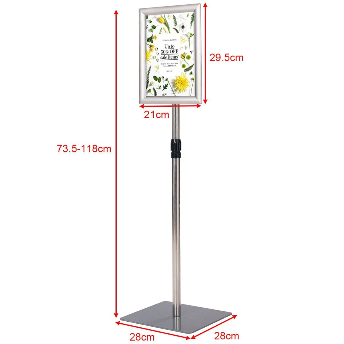 Coast Poster Stand - Verstellbar & Wetterfest - Bis zu 118cm hoch - 28 x 28 cm - Silber