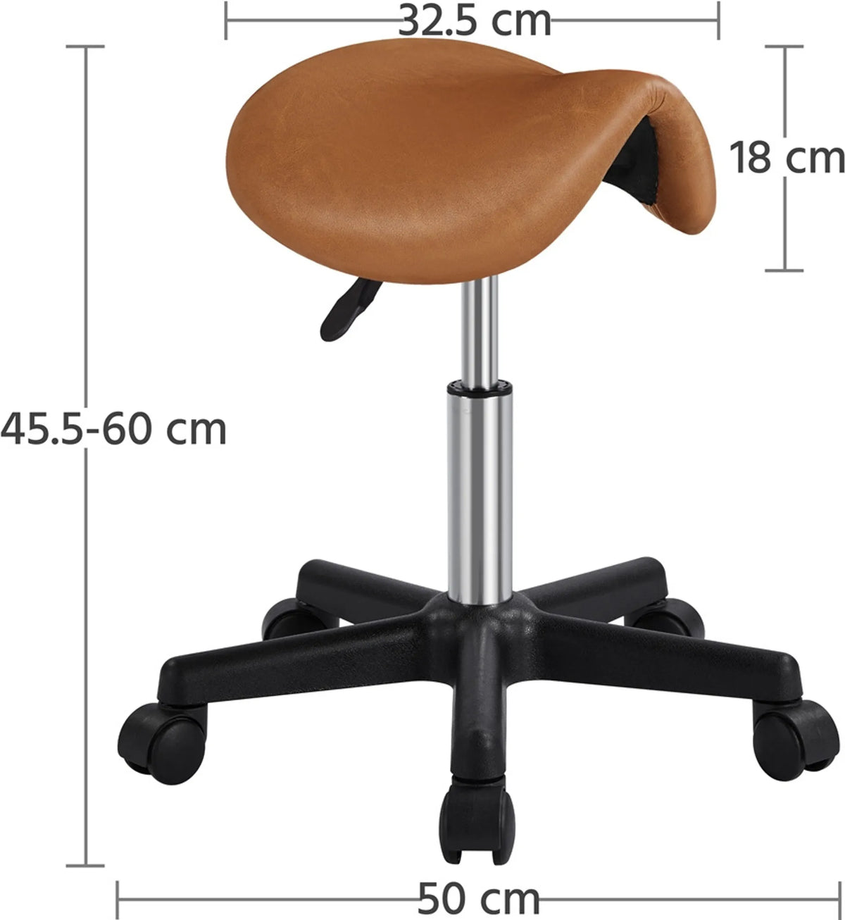 Yaheetech Saddle Stool Ergonomisch - Ausgestattet mit höhenverstellbarem SGS Gaslift und 360° drehbaren Nylonrädern und verchromtem Fuß - Für Friseursalon und Praxis - Retro Braunes PU Kunstleder und Metall - 50 x 50 x 45,5-60 cm