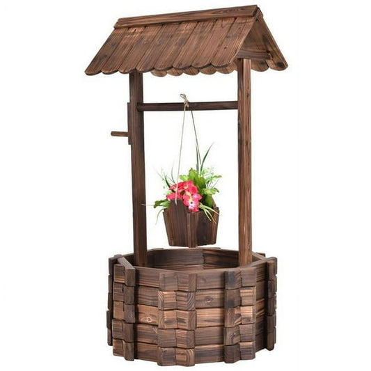 Coast Gartenbrunnen - Mit Holzbrunnen, Eimer und Blumentopf mit Dach - Rustikales Design - 43 x 39 x 72 cm - Braun