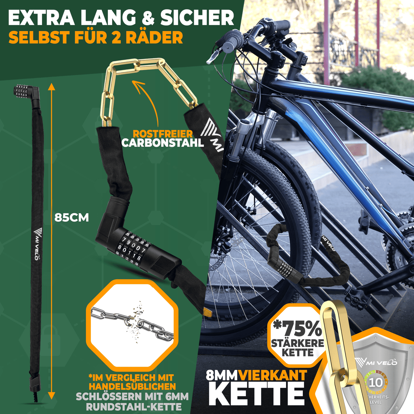 MIVELO Fahrradkette - Mit Zahlenschloss - 85 cm - Robuster gehärteter Stahl - Schützendes Nylon - Schwarz