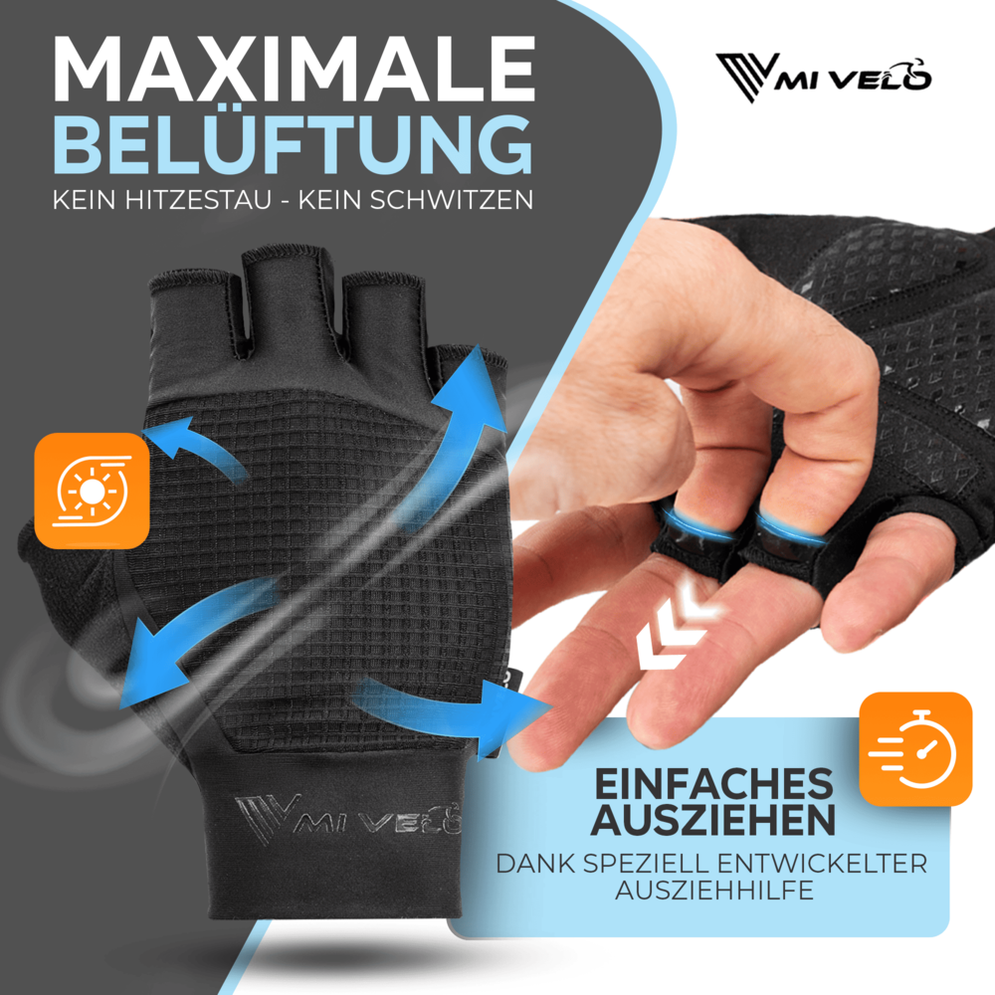 MIVELO Gepolsterte Radhandschuhe - Sommermodell - Atmungsaktiv und fingerlos - Starker Grip - Schwarz - Größe XL