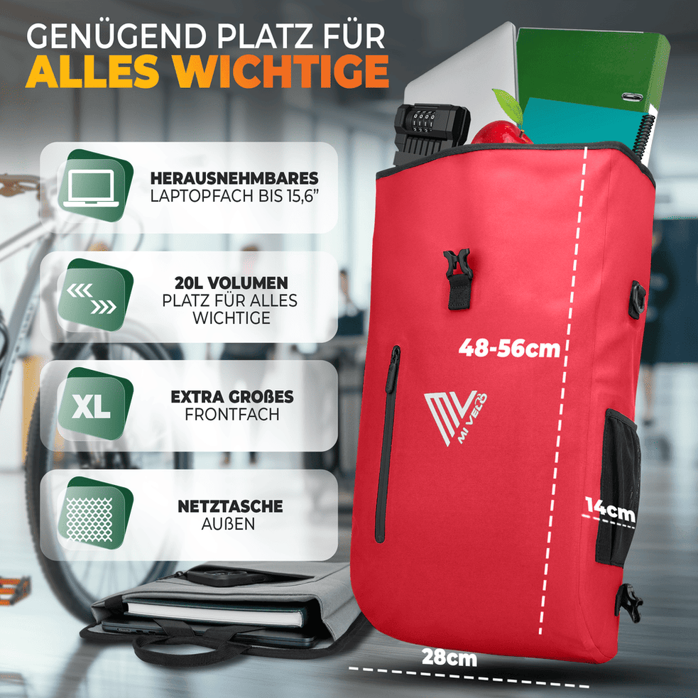 Mivelo PRIMUS - Wasserdichte 3-in-1-Tasche - Mit Laptopfach - 20 L - Rot