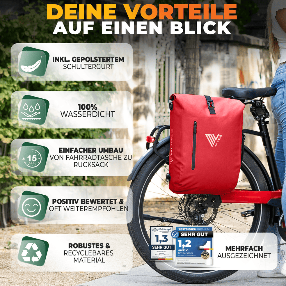 Mivelo PRIMUS - Wasserdichte 3-in-1-Tasche - Mit Laptopfach - 20 L - Rot