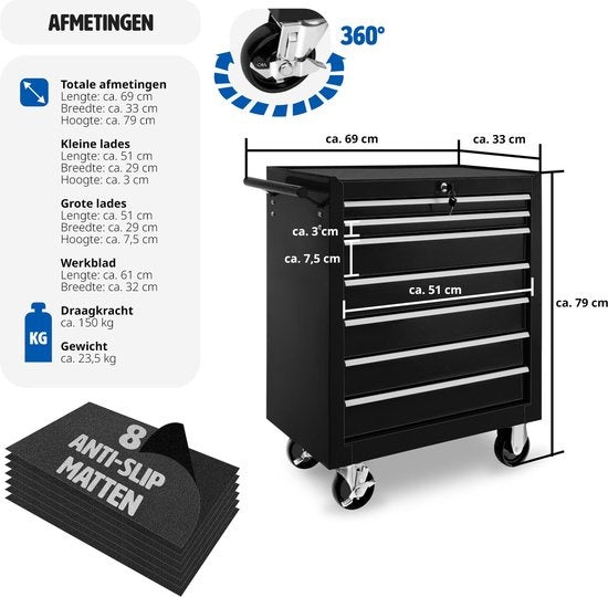 tectake - Werkzeugwagen mit 7 Schubladen - schwarz - 402800
