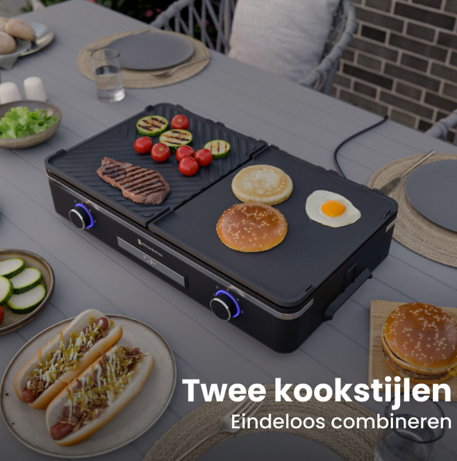 KitchenBrothers Elektrische Grillplatte KB4204 - 2400W - 2 Zonen - Gerippt & Flach - Schwarz - 50x30 cm