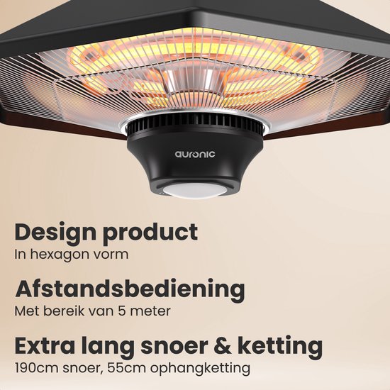 Auronic Terrassenstrahler - Infrarotheizung - Hängend - 20m2 - Elektrisch - 2000W - Fernbedienung - 3 Stufen - Schwarz