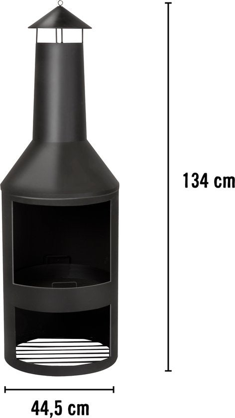 BBQ Collection Außenkamin - Outdoor-Ofen - mit Schornstein - 134 x 44,5 x 44,5 cm - mit Aschefänger, Schürhaken und Holzlager - Carbonstahl - Schwarz