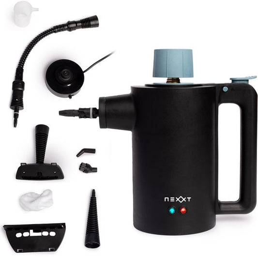 Nexxt Kabelloser Dampfreiniger mit Zubehör - Wassertank 360 ml - Bis zu 135 °C und 3,5 Bar - Für Böden und Polster - 1350 Watt - Schwarz