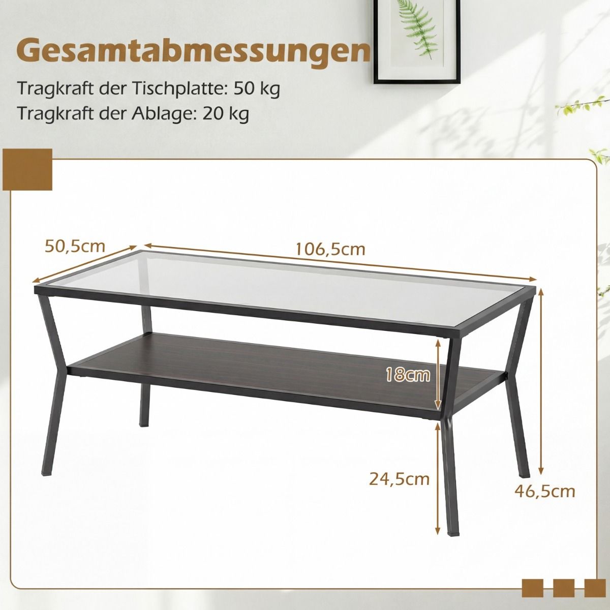 Coast Couchtisch, rechteckig – Tischplatte aus gehärtetem Glas – Metallgestell – grau und schwarz