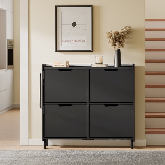 SoBuy Schuhschrank für den Eingangsbereich – Schuhregal aus Holz mit LED-Beleuchtung und Design – Für den Eingangsbereich und den Flur, für kleine Räume – Schwarz, 100 x 19 x 93 cm, FSR100-E-SCH