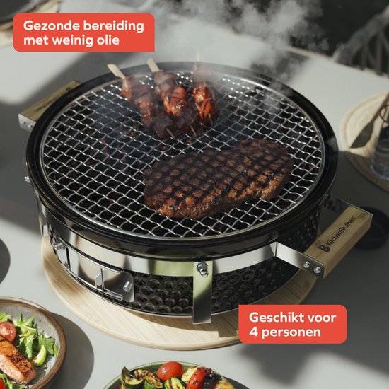 KitchenBrothers Kamado Hibachi Grill - PFAS frei - Holzkohlegrill - Shichirin Tischgrill - Rund BBQ - Keramikgrill - Schwarz