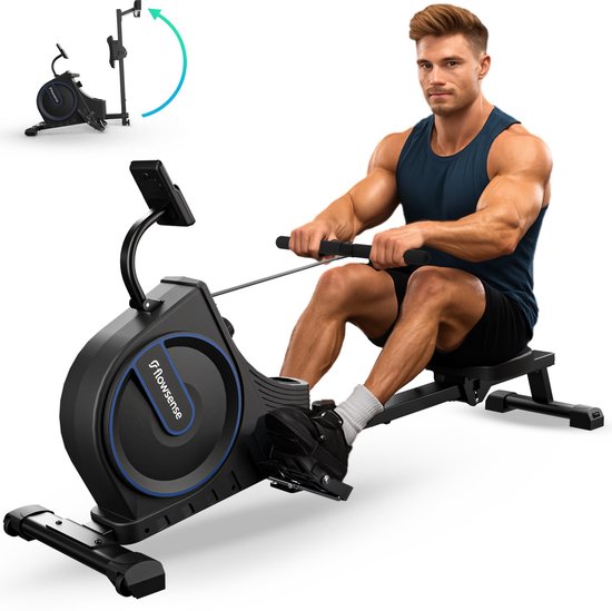 Flowsense Rudergerät - Zusammenklappbares Rudergerät - Geräuschlos - Magnetisches Rudergerät Fitness - Rudertrainer - 16 Widerstandsstufen - LCD Monitor
