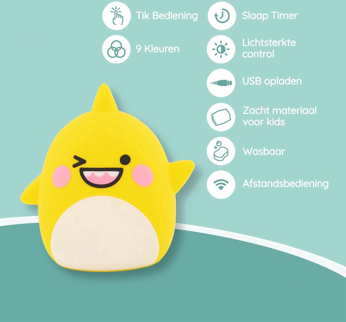 Sleepy Friends Kinder-Nachtlicht Hai - 8 Farben - dimmbar - Touch & Fernsteuerung - USB aufladbar - 95x97x100 mm - weiches Silikon