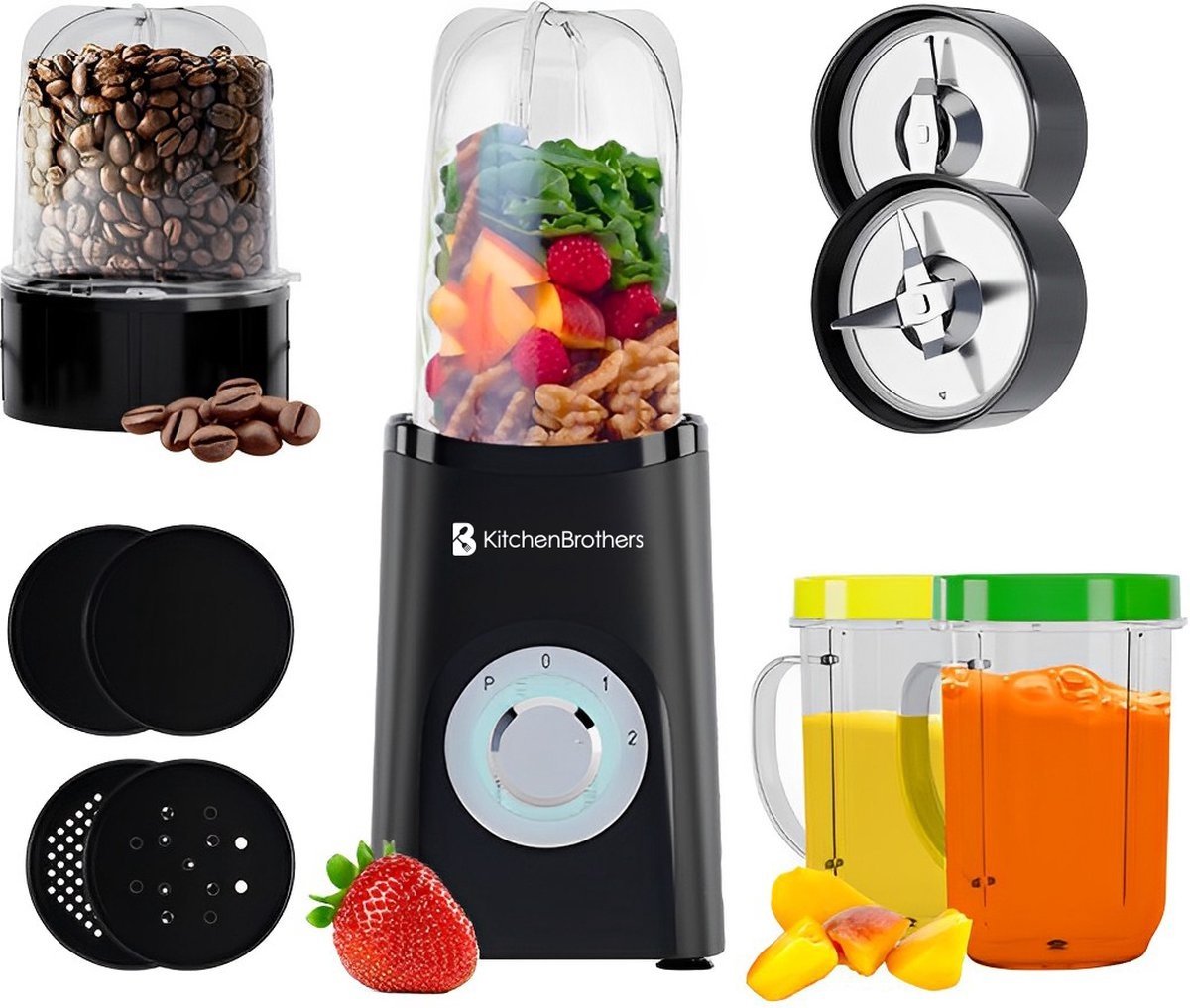 KitchenBrothers Smoothie Mixer - 2-in-1 - 4 Tassen - Smoothie Maker To Go - Mini Mixer - Schwarz
