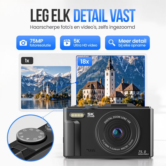 Strex Digitalkamera 5K 75 MP – Fotokamera – Kompaktkamera mit WLAN – Vlog-Kamera – Fotokamera für Kinder – 18-facher Zoom – schwenkbares Display – Schwarz