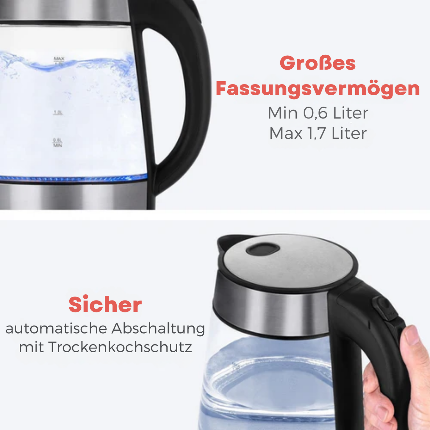 KitchenBrothers - Elektrischer Wasserkocher - Retro - 1,7L - mit Filter - 2200W - Glas - rostfreier Stahl