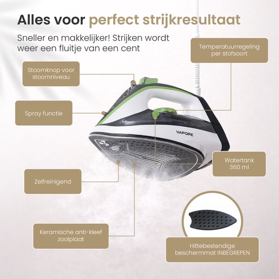 Vapore - Dampfbügeleisen 2400W - Keramiksohle - Bügeleisen - 34g/min Dampf - Anti-Tropf - Bügeleisen - Selbstreinigend - Inkl. hitzebeständiger Bügelmatte
