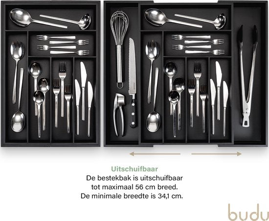 Budu Extendable Bamboo Cutlery Tray #50 (50 cm tief) - Schwarz - Besteckkassette Holz - Besteckschublade - 50 x 34.1 - 56 cm - 6/8 Fächer