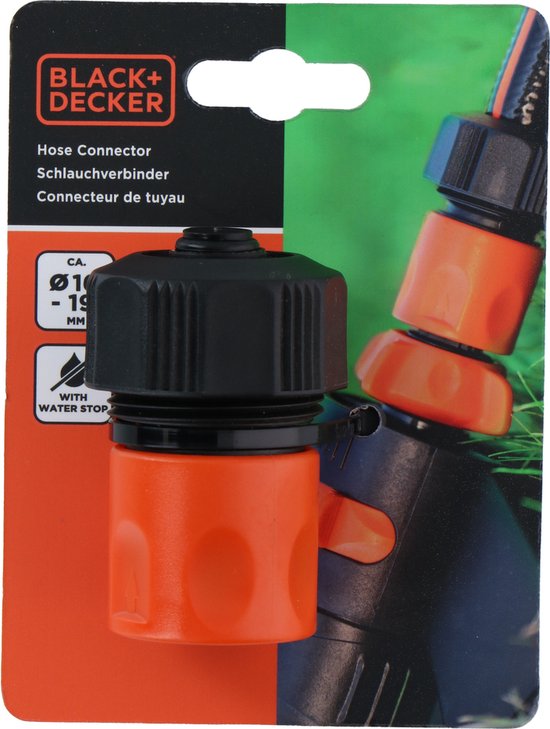 BLACK+DECKER Gartenschlauch Schnellkupplung - mit Wasserstop - 5/8'-3/4' - ⌀16-19 mm - Kunststoff - Schwarz/Orange