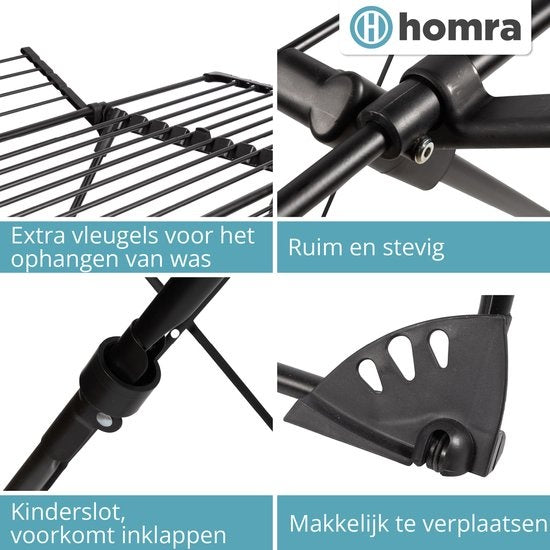 Homra Wäscheständer zusammenklappbar - Bis zu 22m Wäsche - Stehender Wäscheständer zusammenklappbar - Platzsparender Wäscheständer - Trocknungsständer - Ã–kologische Wäschetrocknung - 182x97x103 CM - Metall Schwarz - Geeignet für große Familien