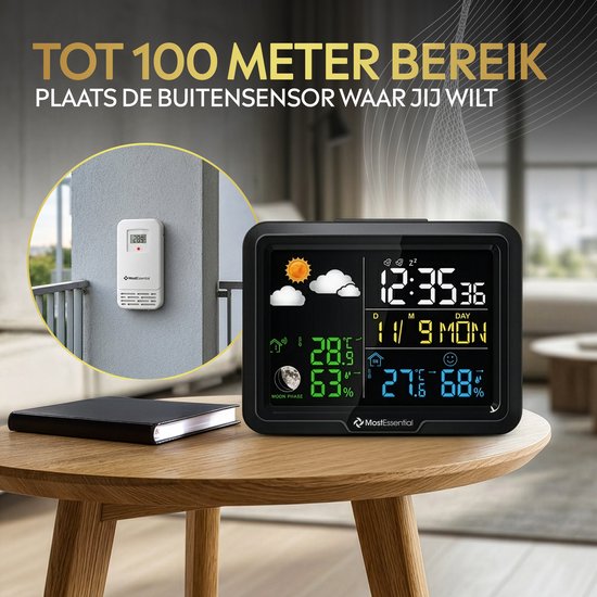 MostEssential Classic Edition Wetterstation – Plug-&-Play-Installation – Kabellos – Wetterstation mit Außensensor – Hygrometer – Innen und Außen – 100 Meter Reichweite – 1 Sensor