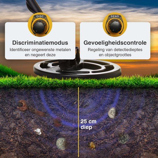 EarthVision Metalldetektor TerraWave - Für Kinder und Erwachsene - Höhenverstellbar - Wasserdicht - Leicht - Inkl. Batterien und Schaufel