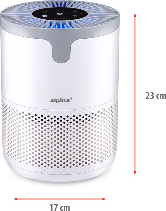 alpina Luftreiniger mit HEPA-Filter H13 – Luftreiniger mit Ionisator für Räume von 5–10 m² – Luftreiniger 60 m³/h – Luftreiniger mit 3 Geschwindigkeitsstufen – 230 V/12 W – Weiß