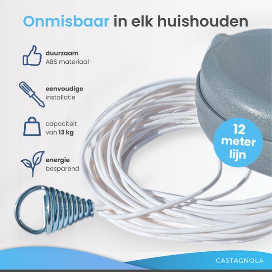 Castagnola Wäscheleine - Ausziehbare Wäscheleine - Wäscheleinenfaden - Wäscheleine 12 Meter - Kapazität bis zu 13 kg