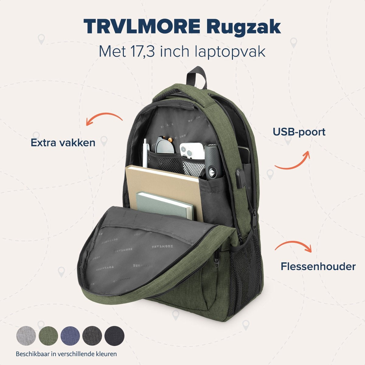 TRVLMORE Rucksack - 36L - 17.3 Zoll - Laptop-Rucksack - Schultasche - Unisex - Spritzwassergeschützt Grün