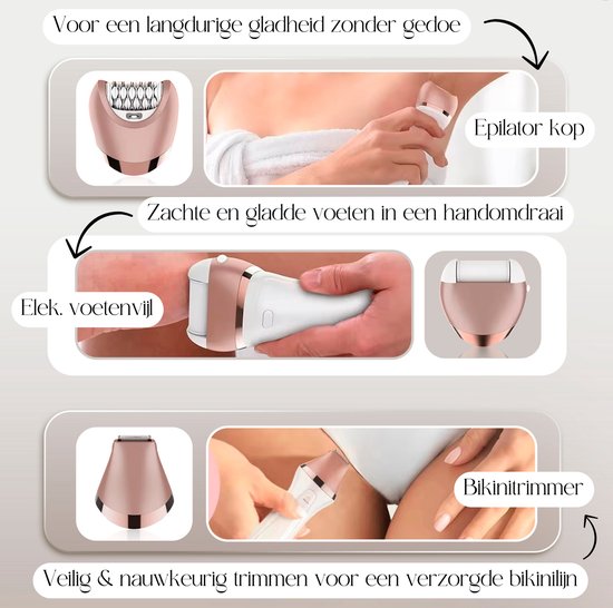 Sansbeauté® 6-in-1 Ladyshave Gesicht - Achseln - Beine - Bikinizone - Rasierer für Frauen - Epilierer - Epilierer für Damen - Trimmer für Frauen - Bikini-Trimmer - USB Wiederaufladbar
