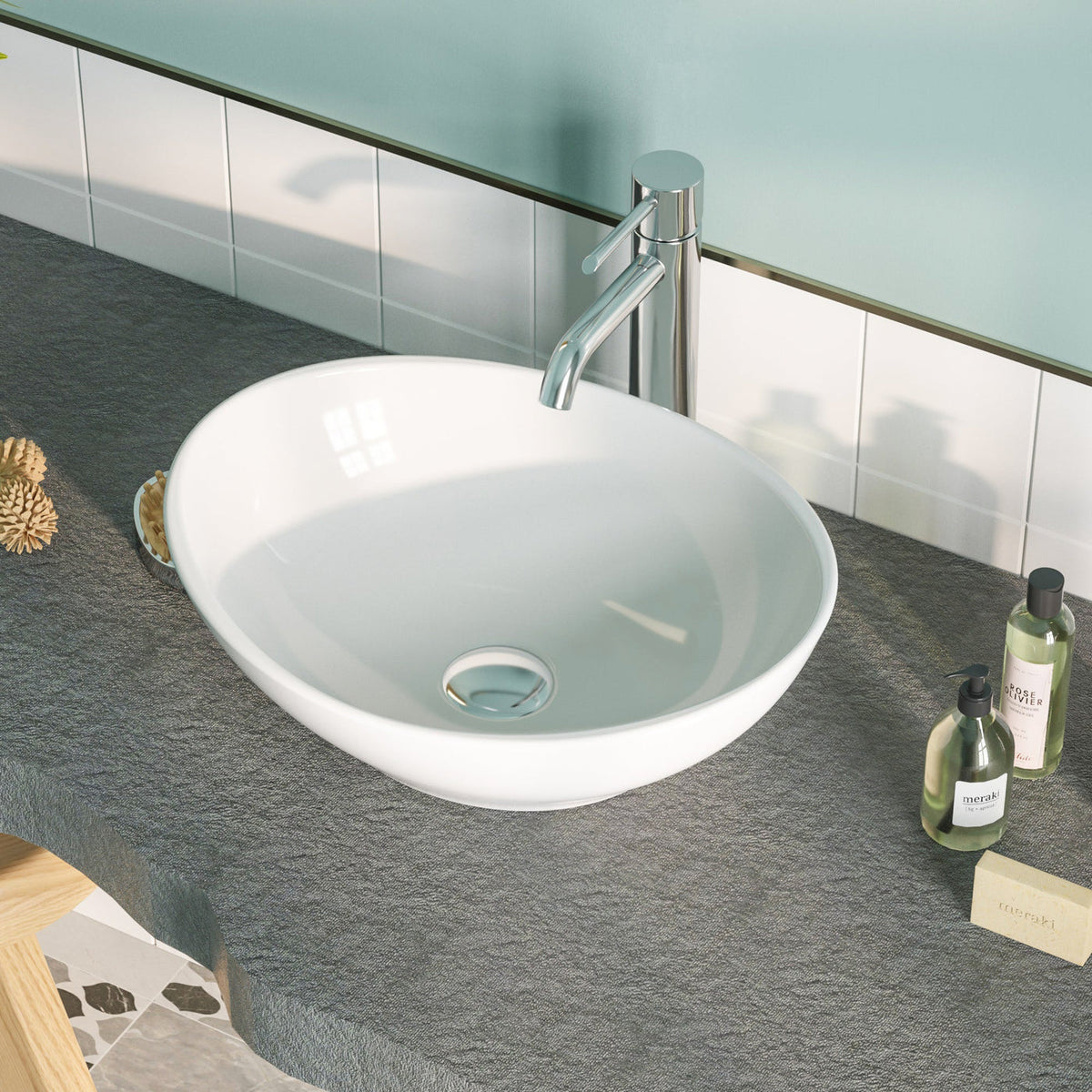 DeerValley Aufsatzwaschbecken DV-1V051 – Weiß – Keramik – Hochglanz – Nahtloses Design – 40 x 33 x 14,5 cm