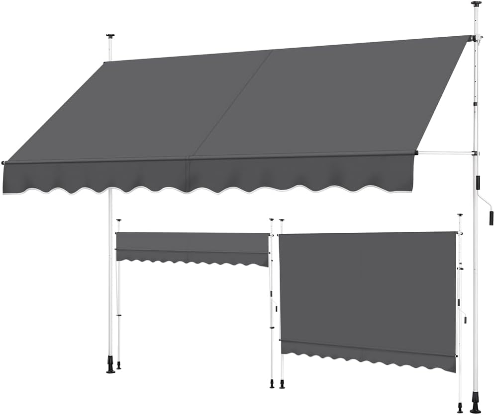 Yaheetech Sonnensegel mit Teleskoprahmen und Aufhängung – 300 x 120 cm – Höhenverstellbar 210–300 cm – UV-beständig – Grau
