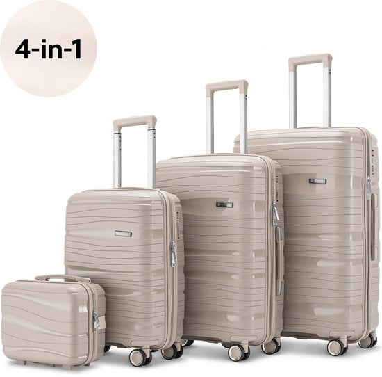 SKYCASES Travel One 4-teiliges Kofferset – Handgepäck- und Check-in-Koffer – 32 l/60 l/98 l – Zahlenschloss – Geräuscharme 360°-Rollen – Leicht und robust – Modernes Design – Beige