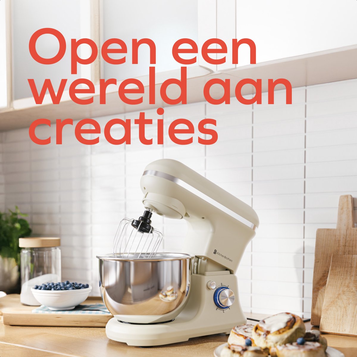 KitchenBrothers Küchenmaschine - 1200W - 5L Rührschüssel - 6 Geschwindigkeiten + Pulse - Küchenroboter mit Knethaken, Schneebesen & Rührhaken - Champagner