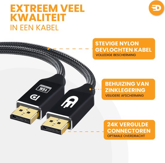 Drivv. DisplayPort-Kabel 2.1 - 16K 60Hz 8K 120Hz 4K 144Hz - 80Gbps - DisplayPort zu DisplayPort - DP-Kabel - 2 Meter - Schwarz