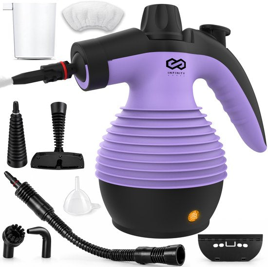 Infinity Goods Dampfreiniger – 12-in-1-Handdampfreiniger – Handdampfreiniger – Fleckenentferner – Teppichreiniger – 10 Aufsätze – 1050 Watt – 3,2 bar – Lila